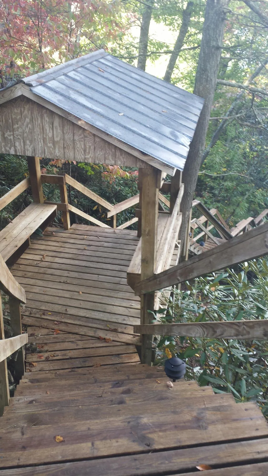 Metal roofed shelter over wooden steps on a wooded walkway — Skylight Repair & Installation work by our crew in Michie